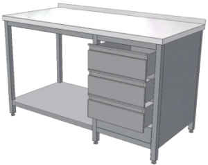 Nerezový stůl se zásuvkovým blokem a policí 1300 x 600 x 850 mm